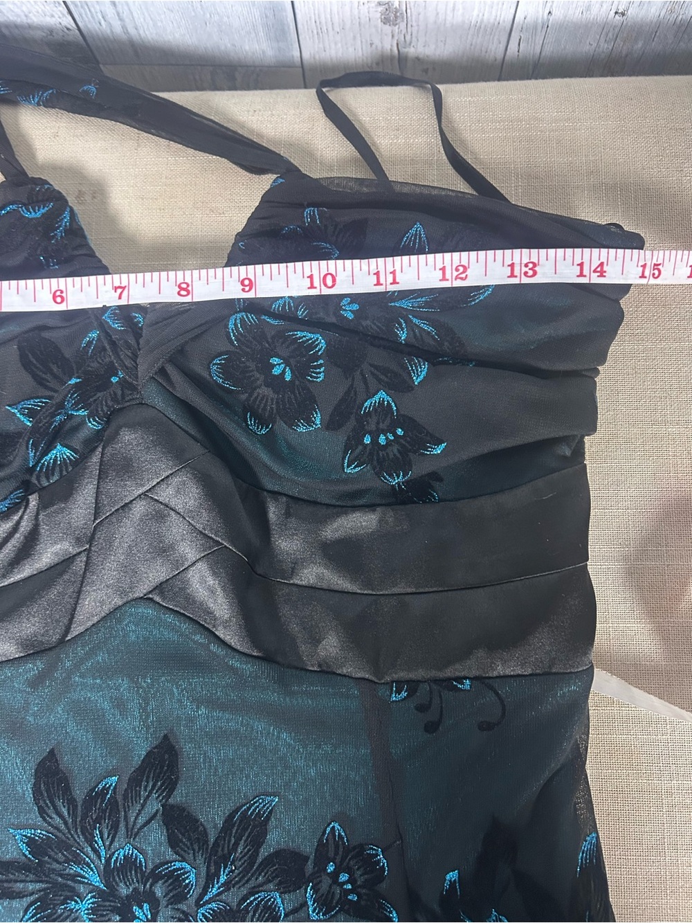 Y2K Le Château Black Teal Floral Mesh Midi Dress Scarf Ruched Goth Glam M - Picture 9 of 11